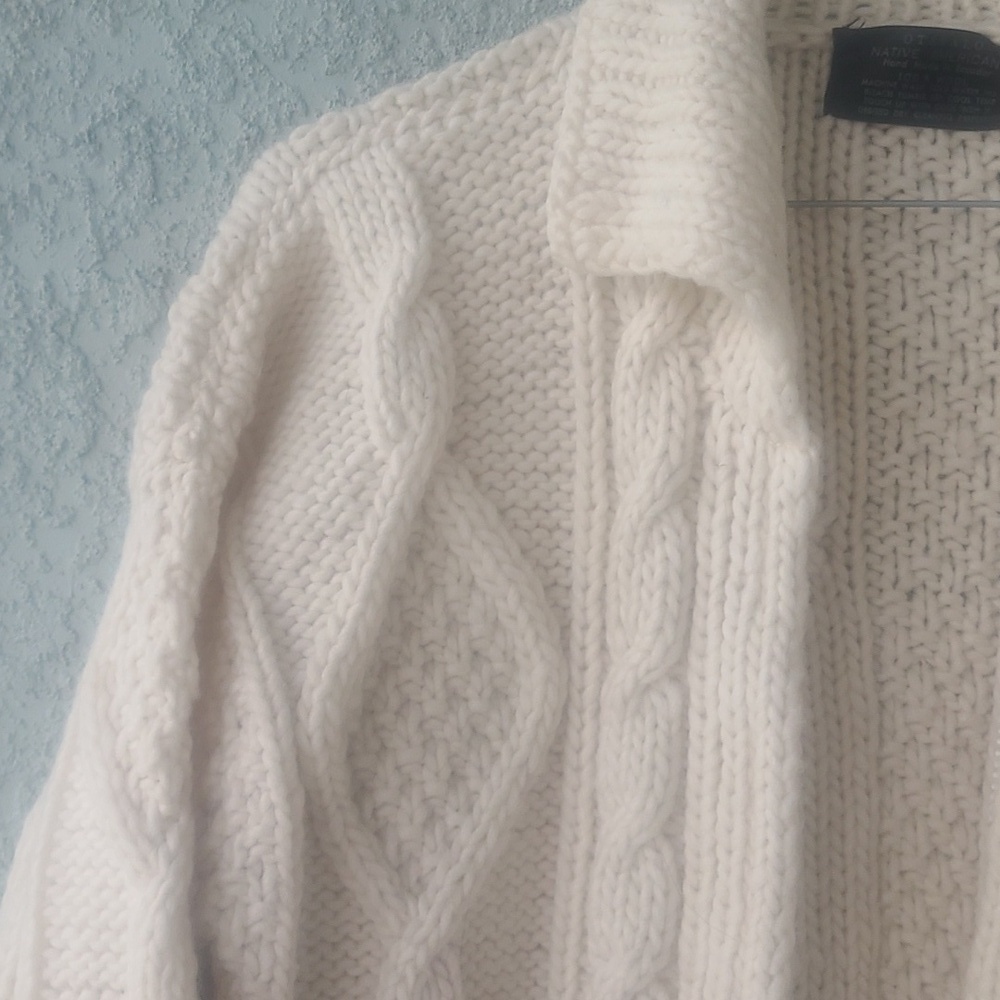 Otavalo Cream Wool Hand Made Cable Chunky Knit Full Zip Cardigan Sweater - Picture 3 of 8